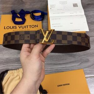 Louis Vuitton Damier Ebene Canvas Belt with Gold LV Buckle